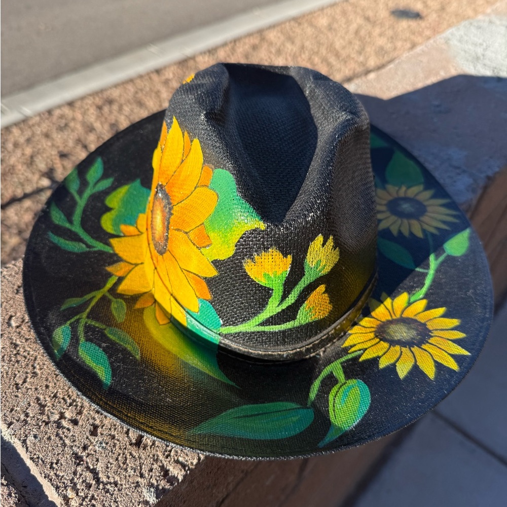 Hand-Painted Sunflower Black Straw Wide Brim Hat | Boho Festival Art Hat | SZ M